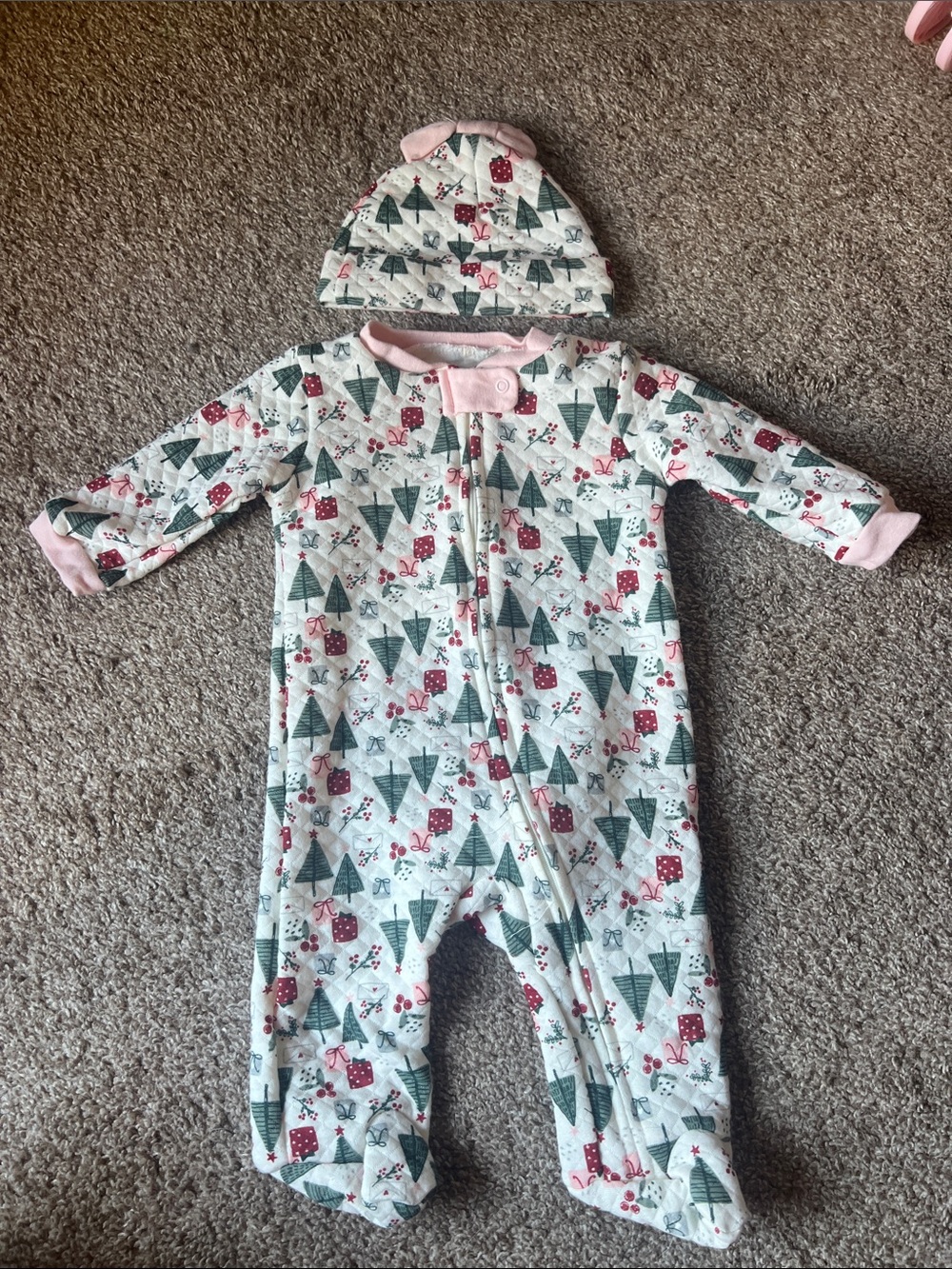 chick pea Quilted Holiday Footie with Hat in Pink, Green & White